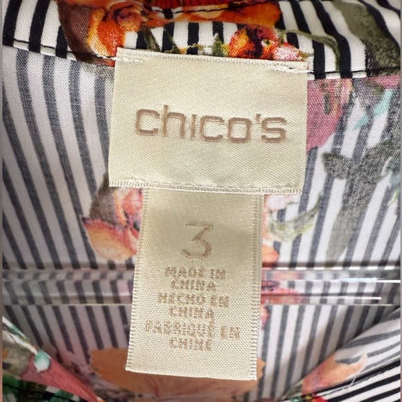 Chicos floral striped button up tunic tropical birds tie sleeve blouse L - Picture 7 of 10